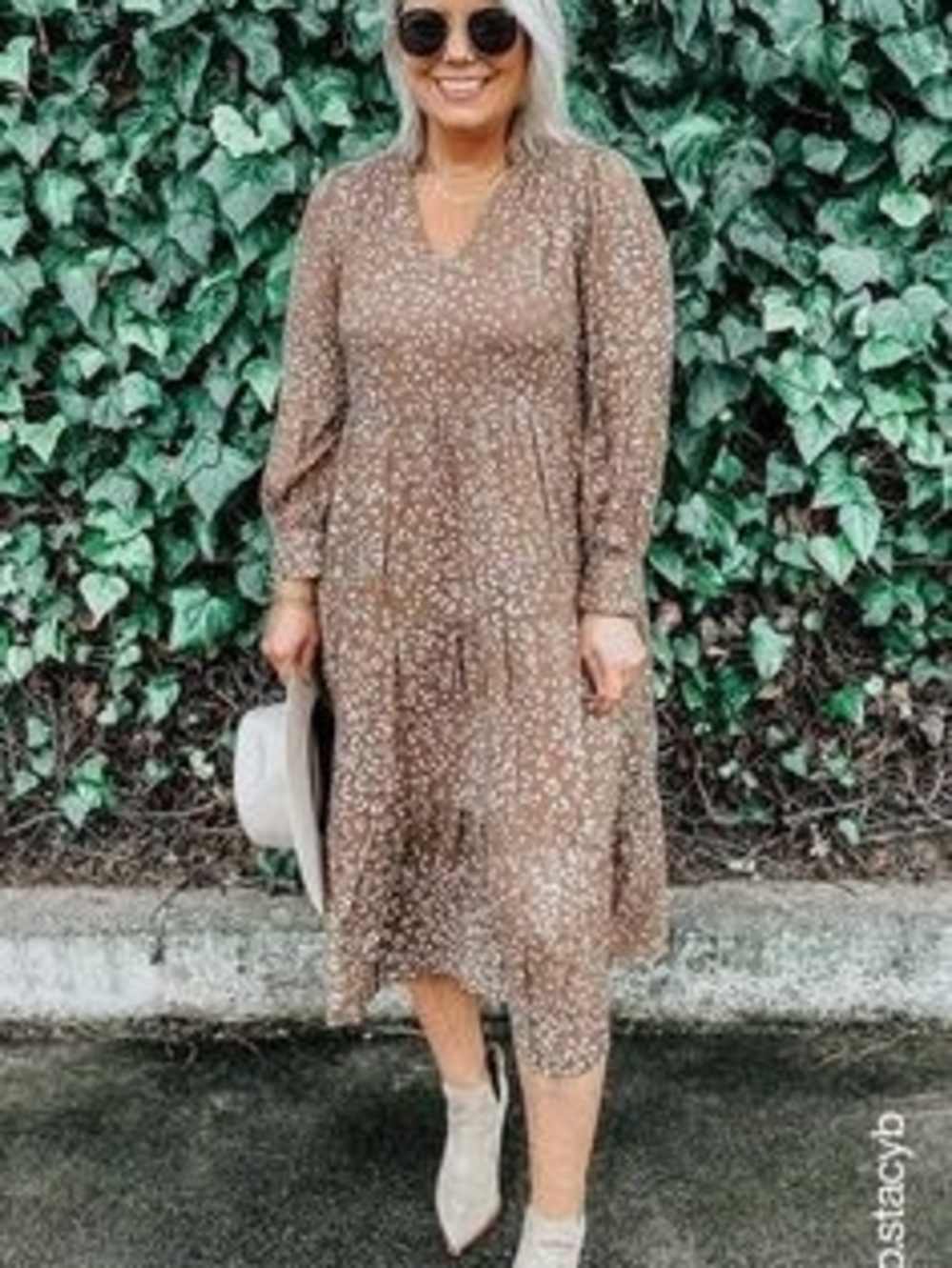 A New Day Brown Cheetah Leopard Print Tiered Midi Dress V-Neck Long Sleeve - S/M